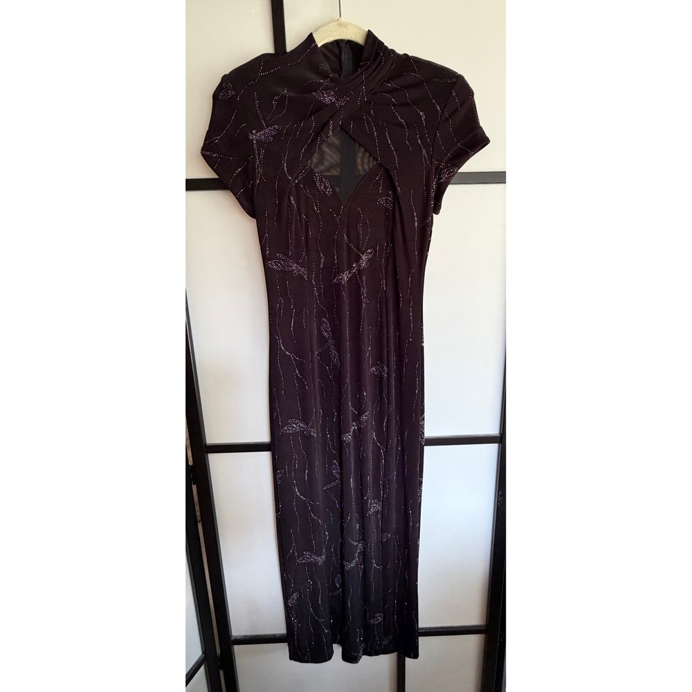 Night Way Collections Vintage Womens Size 6 Gown Black Dragonfly Glitter Mesh